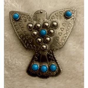 Vintage Pisces Brooch Native Silver Tone With Turquoise Color Accents Southwest
